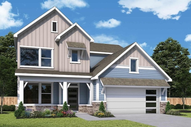 craftsman house featuring roof with shingles, concrete driveway, board and batten siding, fence, and stone siding