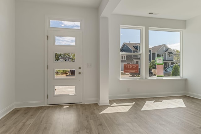 entrance foyer featuring a healthy amount of sunlight, baseboards, and wood finished floors