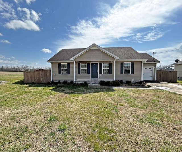 single story home featuring fence, driveway, roof with shingles, a front lawn, and a garage