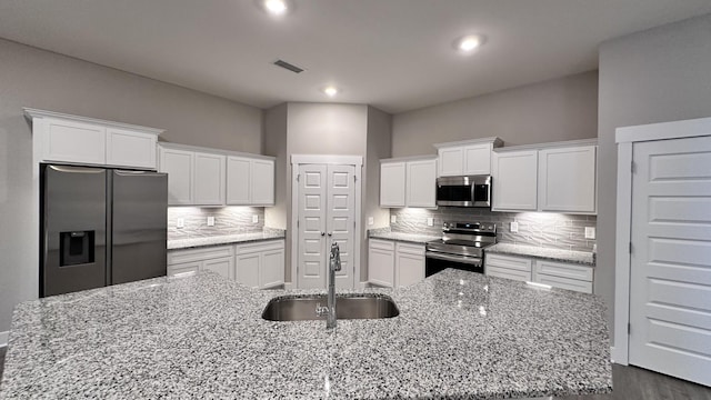 kitchen featuring stainless steel appliances, tasteful backsplash, visible vents, white cabinets, and a sink