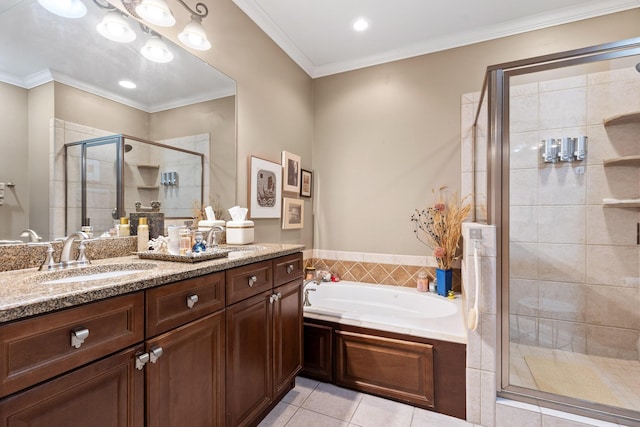 bathroom with tile patterned floors, a garden tub, crown molding, vanity, and a shower stall