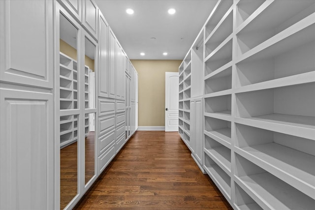 walk in closet featuring dark wood-style floors