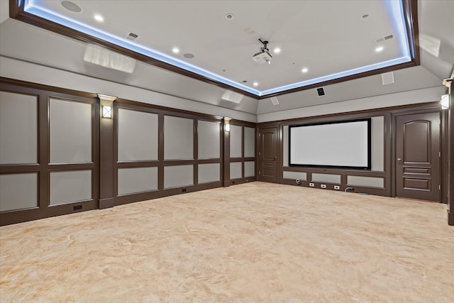 home theater with recessed lighting, carpet, visible vents, and a decorative wall