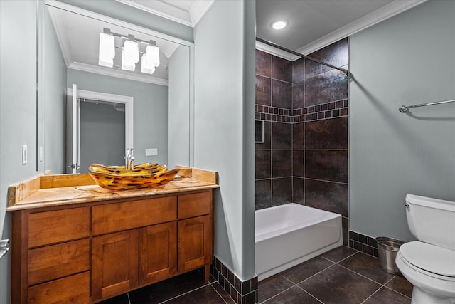 bathroom with shower / tub combination, crown molding, toilet, and tile patterned floors