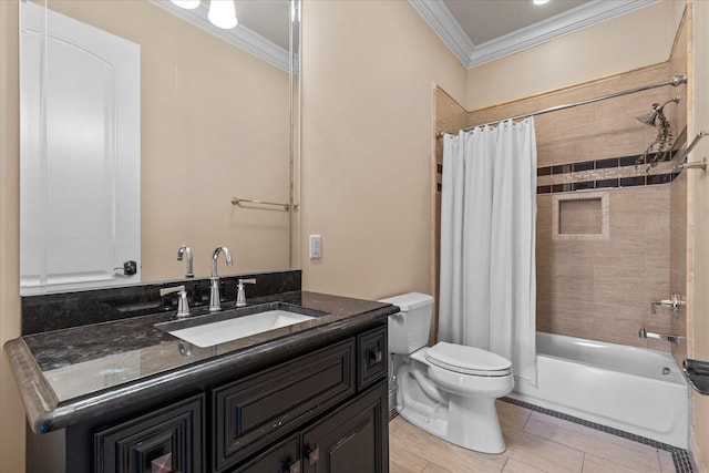 full bathroom featuring toilet, shower / tub combo, ornamental molding, and vanity