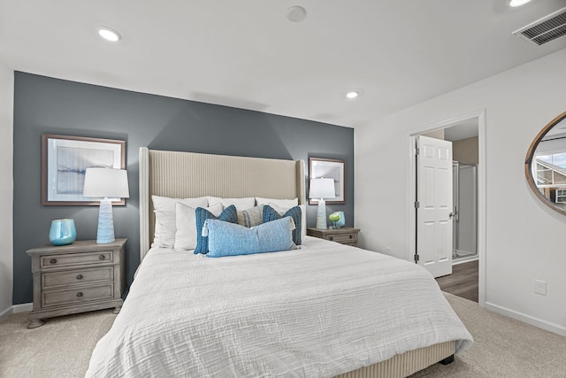 carpeted bedroom featuring recessed lighting, baseboards, and visible vents