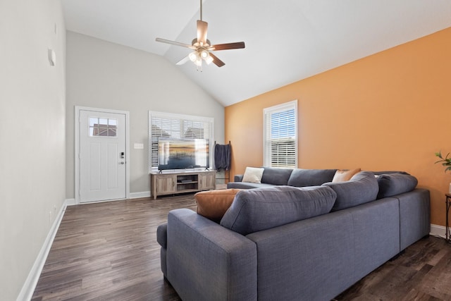 living room with high vaulted ceiling, dark wood-style flooring, ceiling fan, and baseboards