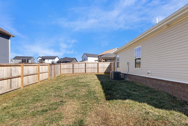 view of yard with central AC unit and a fenced backyard