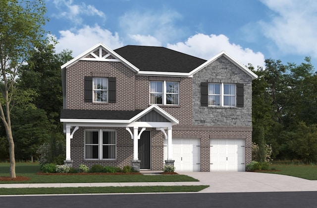 craftsman-style home featuring driveway, roof with shingles, a garage, and brick siding