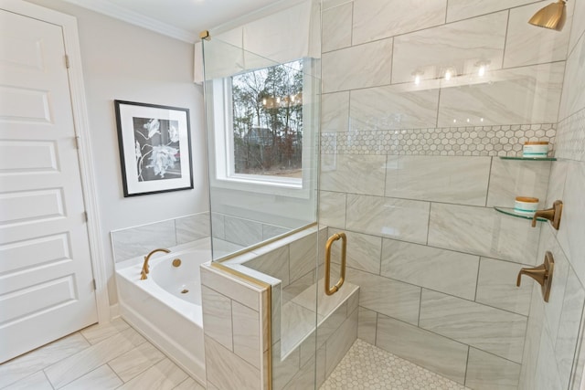 bathroom with a garden tub, crown molding, and tiled shower