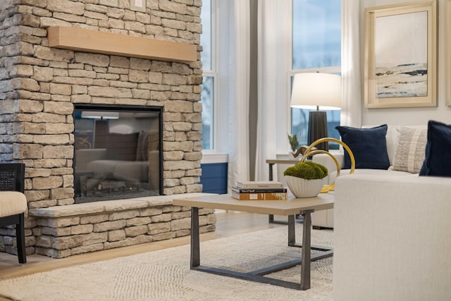 interior space featuring a stone fireplace and wood finished floors