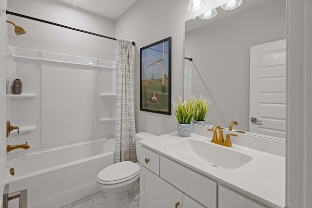 full bathroom with marble finish floor, shower / tub combo, vanity, and toilet