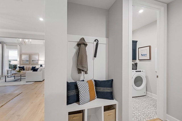 mudroom featuring baseboards, washer / clothes dryer, ornamental molding, wood finished floors, and recessed lighting