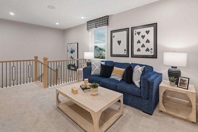 carpeted living area with recessed lighting