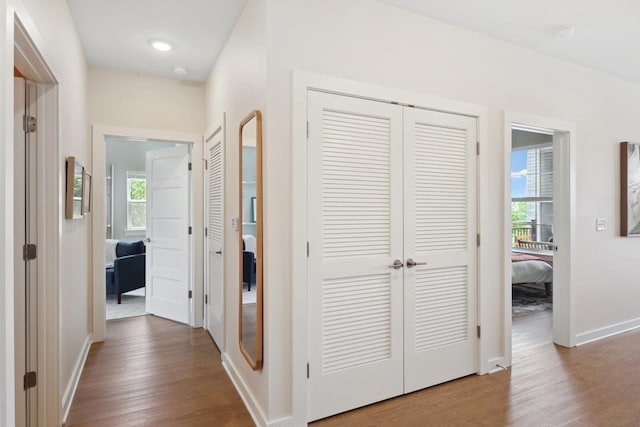 hall featuring a wealth of natural light, baseboards, and wood finished floors