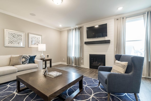 living area with a large fireplace, baseboards, crown molding, and wood finished floors