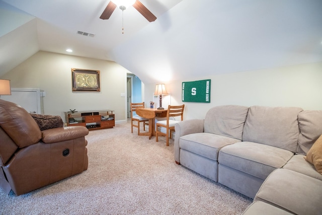 living area featuring visible vents, ceiling fan, vaulted ceiling, carpet flooring, and recessed lighting