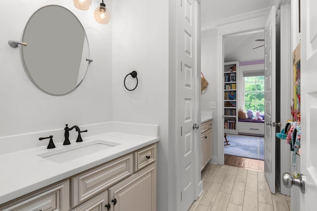 bathroom with wood tiled floor and vanity