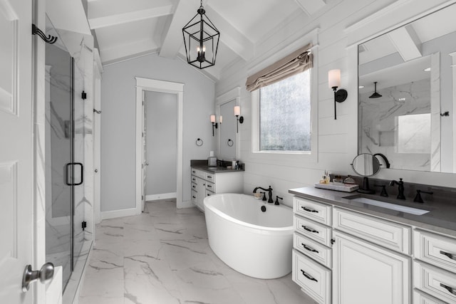 full bath featuring vaulted ceiling with beams, marble finish floor, a marble finish shower, and vanity