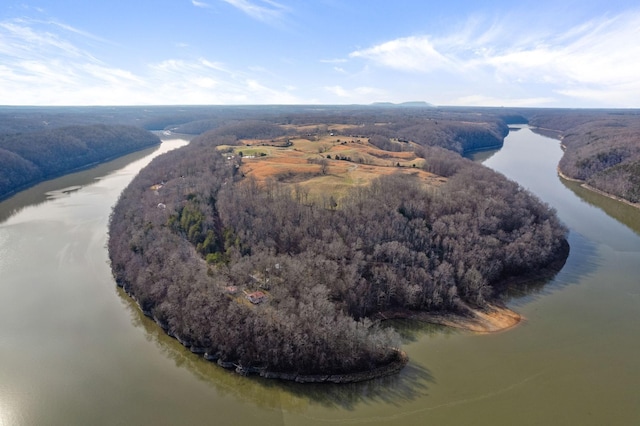 aerial view featuring a water view and a wooded view