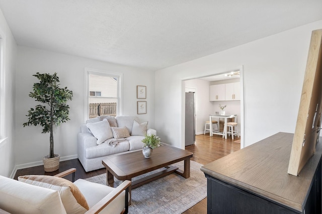 living area featuring baseboards and wood finished floors