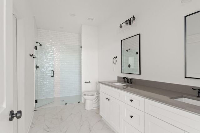 full bath with toilet, marble finish floor, a shower stall, and a sink