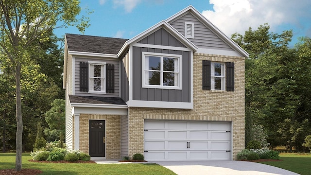 view of front of property with brick siding, board and batten siding, a garage, driveway, and a front lawn