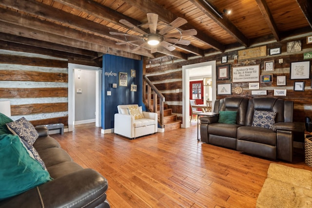 living area featuring stairs, wood-type flooring, wood ceiling, and a ceiling fan