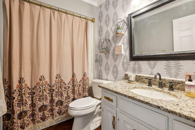 full bath featuring toilet, wallpapered walls, a shower with curtain, and vanity