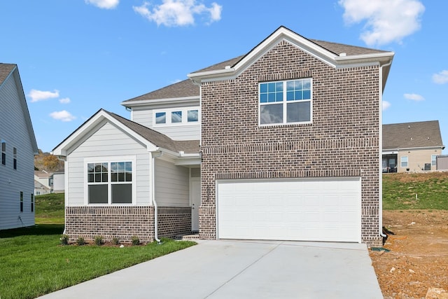 traditional-style home featuring driveway, a garage, roof with shingles, a front lawn, and brick siding