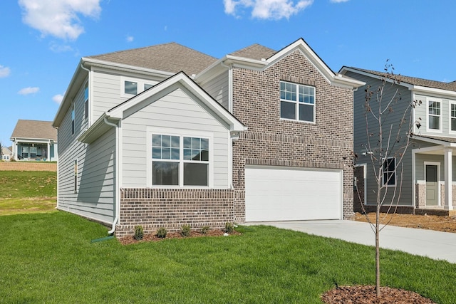 traditional-style home featuring concrete driveway, roof with shingles, an attached garage, a front lawn, and brick siding