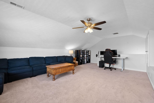 living area featuring lofted ceiling, carpet, visible vents, and baseboards