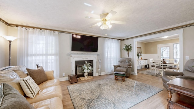 living area featuring light wood-type flooring, a glass covered fireplace, crown molding, and a textured ceiling