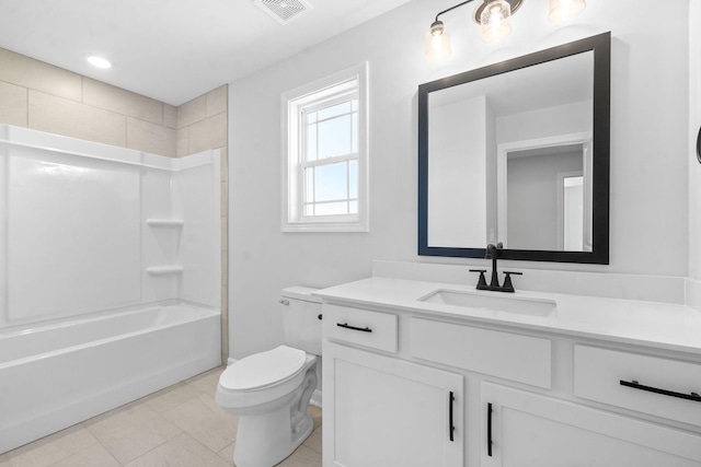 bathroom with shower / bathtub combination, visible vents, toilet, vanity, and tile patterned flooring