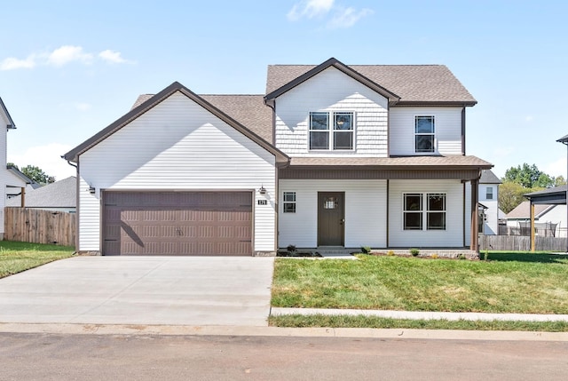 view of front facade with roof with shingles, concrete driveway, an attached garage, a front yard, and fence