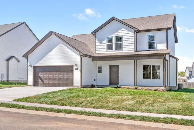 view of front of house with a garage, driveway, a shingled roof, a front lawn, and a porch