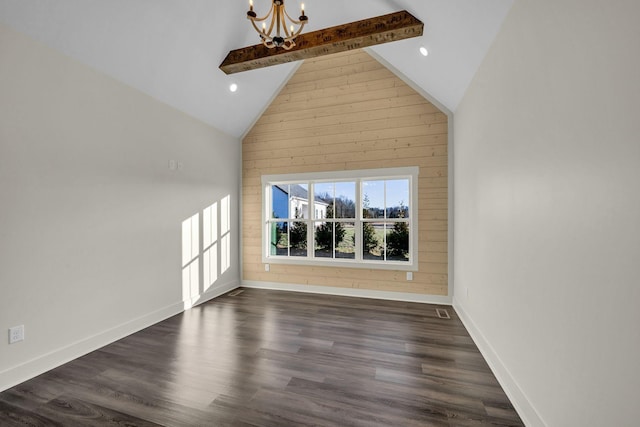 spare room with an inviting chandelier, high vaulted ceiling, dark wood finished floors, and beamed ceiling