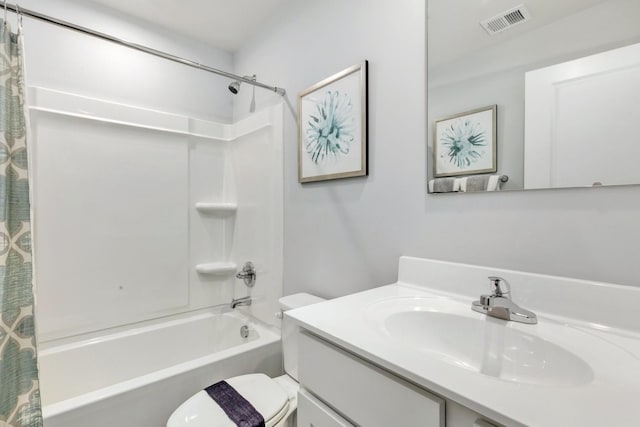 full bathroom with visible vents, vanity, toilet, and shower / bathtub combination with curtain