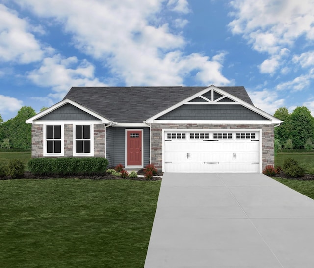 view of front of home with an attached garage, stone siding, driveway, and a front yard