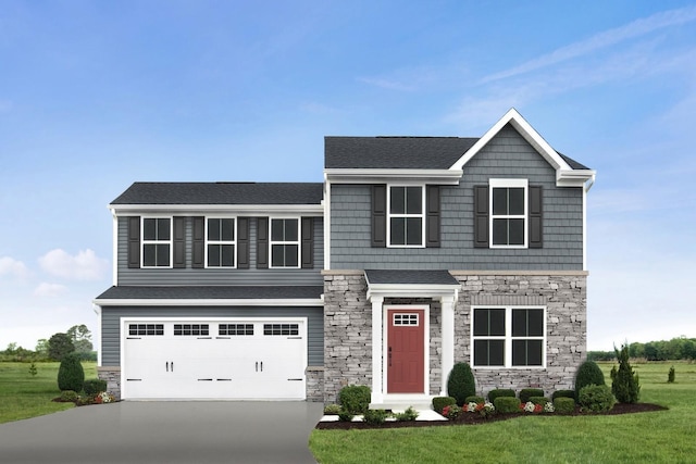 view of front facade with concrete driveway, stone siding, roof with shingles, an attached garage, and a front lawn