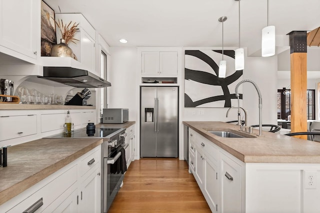 kitchen featuring light wood finished floors, white cabinetry, and premium appliances