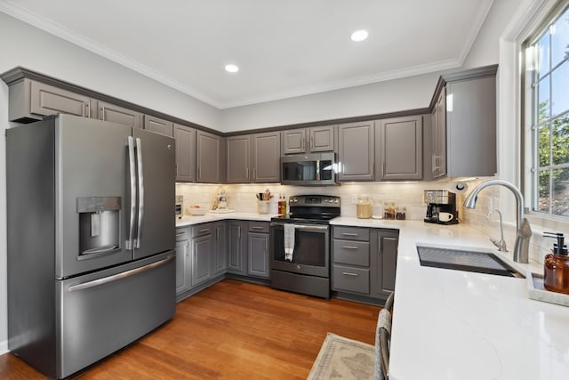 kitchen with wood finished floors, stainless steel appliances, crown molding, gray cabinetry, and a sink