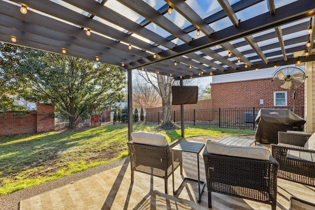 view of patio with outdoor lounge area, a fenced backyard, grilling area, and a pergola