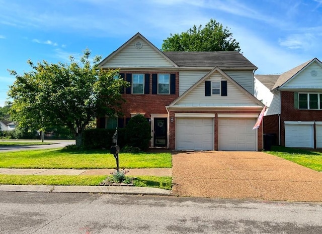 view of front of home featuring an attached garage, brick siding, driveway, and a front lawn