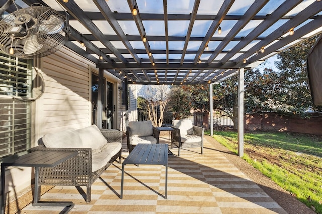 wooden terrace with outdoor lounge area, fence, and a pergola