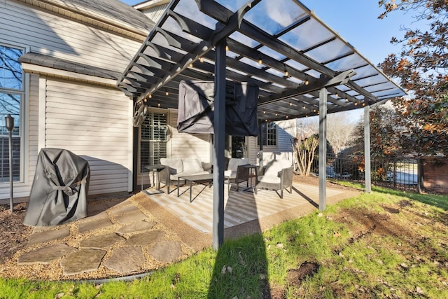 wooden deck featuring a patio area, fence, outdoor lounge area, and a pergola