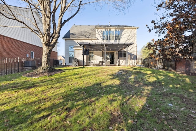 rear view of house with a yard, central air condition unit, a fenced backyard, and a pergola