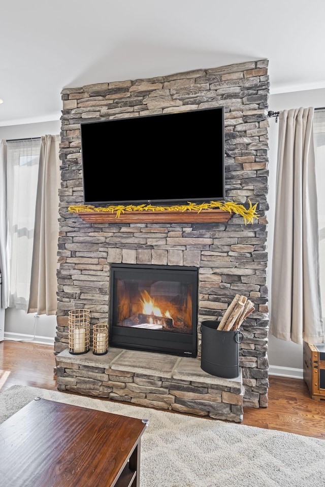 interior details with a stone fireplace, wood finished floors, and baseboards