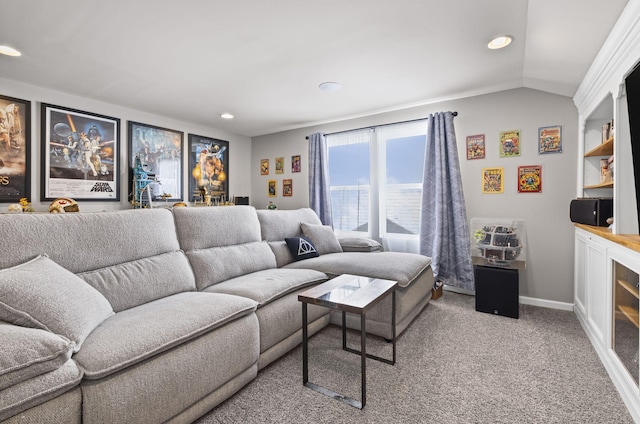 living room with vaulted ceiling, recessed lighting, carpet flooring, and baseboards