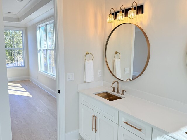 bathroom featuring baseboards, wood finished floors, vanity, and crown molding